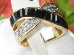 Jewellery Kingdom Ladies Gold Crossover Cz Steel 18kt Emerald Cut Jet Dress Ring (Black) - Jewelry Rings - British D'sire