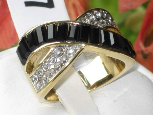 Jewellery Kingdom Ladies Gold Crossover Cz Steel 18kt Emerald Cut Jet Dress Ring (Black) - Jewelry Rings - British D'sire