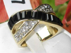 Jewellery Kingdom Ladies Gold Crossover Cz Steel 18kt Emerald Cut Jet Dress Ring (Black) - Jewelry Rings - British D'sire