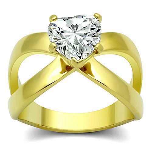 Jewellery Kingdom Ladies Gold Heart Ring Solitaire Cross Over Steel Cz 2 Carat Sparkling - Jewelry Rings - British D'sire