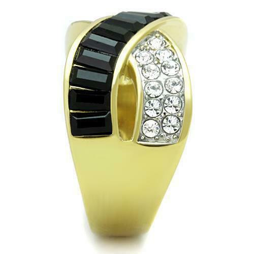 Jewellery Kingdom Ladies Gold Ring Black Crossover Cz Steel 18kt Emerald Cut Jet Dress Ring - Jewelry Rings - British D'sire