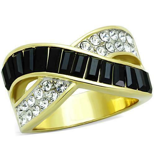 Jewellery Kingdom Ladies Gold Ring Black Crossover Cz Steel 18kt Emerald Cut Jet Dress Ring - Jewelry Rings - British D'sire