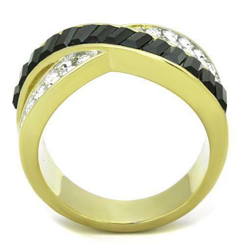 Jewellery Kingdom Ladies Gold Ring Black Crossover Cz Steel 18kt Emerald Cut Jet Dress Ring - Jewelry Rings - British D'sire