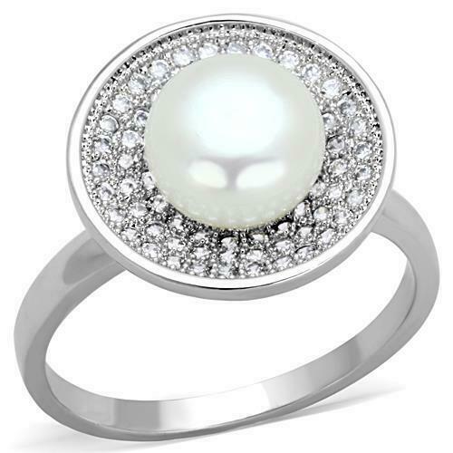 Jewellery Kingdom Ladies Handmade Cz Silver Rhodium Pretty Circle Pave Cream Pearl Ring - Jewelry Rings - British D'sire