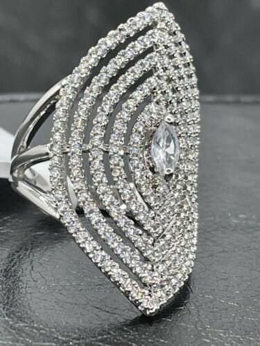 Jewellery Kingdom Ladies Marquise Cocktail Statement Simulated Diamonds Rhodium Ring (Silver) - Rings - British D'sire