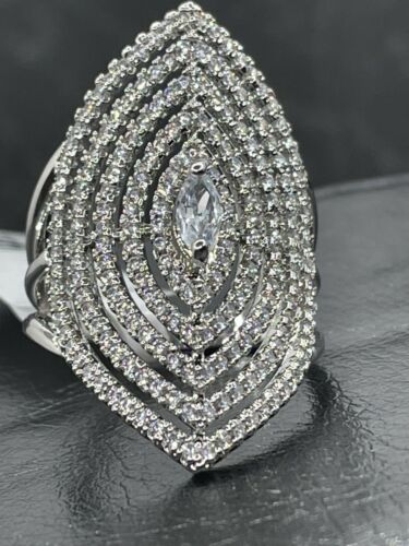 Jewellery Kingdom Ladies Marquise Cocktail Statement Simulated Diamonds Rhodium Ring (Silver) - Rings - British D'sire