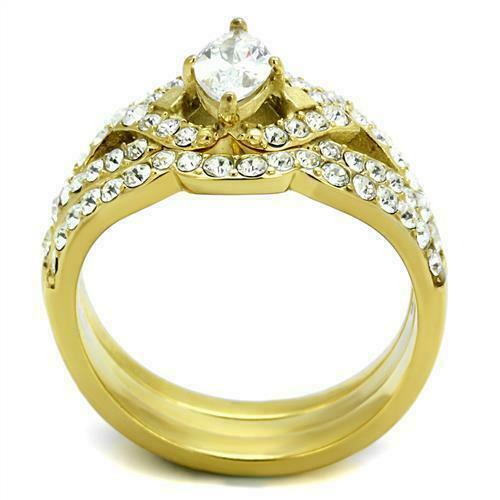 Jewellery Kingdom Ladies Marquise Steel Engagement Wedding Bands Ring Set (Gold) - Jewelry Rings - British D'sire