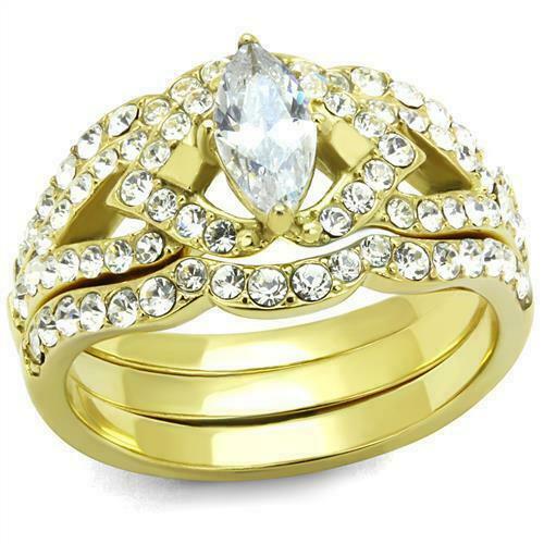 Jewellery Kingdom Ladies Marquise Steel Engagement Wedding Bands Ring Set (Gold) - Jewelry Rings - British D'sire