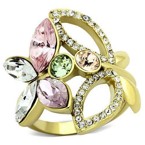 Jewellery Kingdom Ladies Multi Coloured Marquise Flower 18kt Steel Cubic Zirconia Ring (Gold) - Jewelry Rings - British D'sire