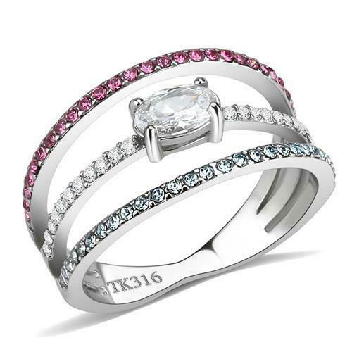 Jewellery Kingdom Ladies Oval Pink Ruby Aquamarine Band Stainless Steel Illusion Ring - Rings - British D'sire