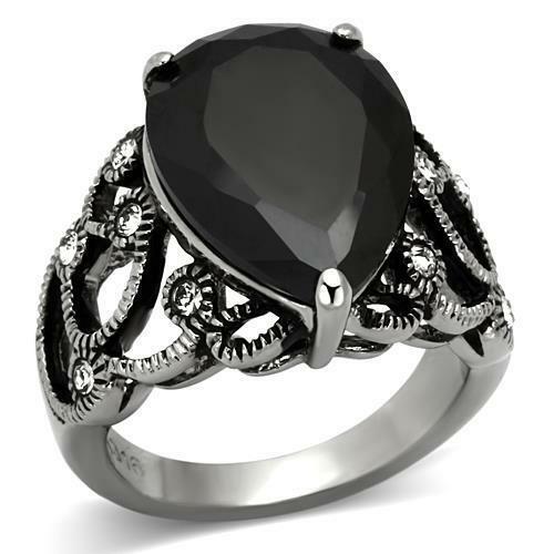 Jewellery Kingdom Ladies Pear Cubic Zirconia 10K Stainless Steel Antiqued Ring (Black) - Rings - British D'sire