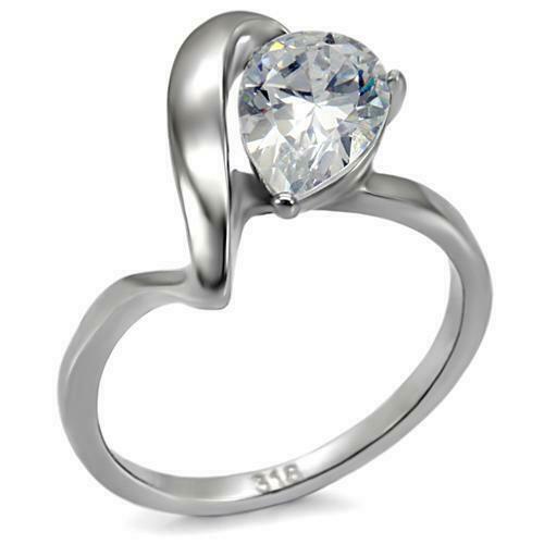 Jewellery Kingdom Ladies Pear Solitaire Cz Stainless Steel Twist 3 Carat Ring (Silver) - Jewelry Rings - British D'sire