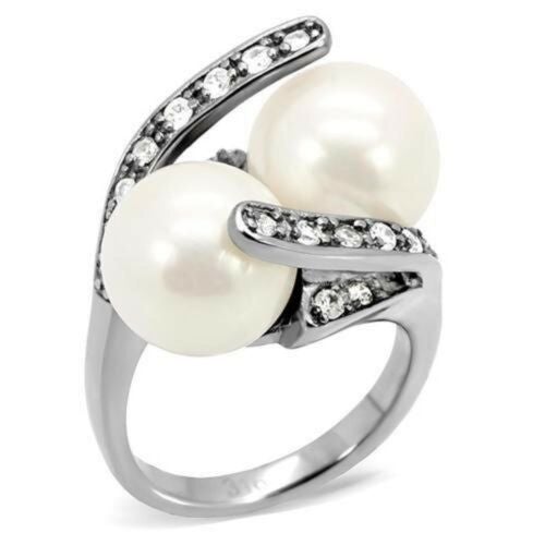 Jewellery Kingdom Ladies Pearl Cream Cubic Zirconia Stainless Steel Cocktail Statement Ring (Silver) - Jewelry Rings - British D'sire