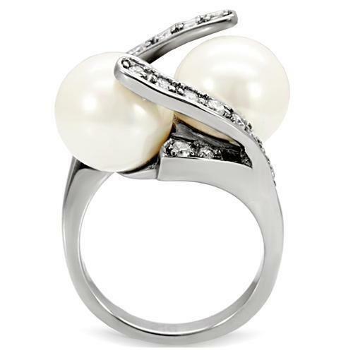 Jewellery Kingdom Ladies Pearl Cream Cubic Zirconia Stainless Steel Cocktail Statement Ring (Silver) - Jewelry Rings - British D'sire