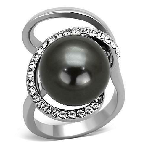 Jewellery Kingdom Ladies Pearl Grey Cocktail Stainless Steel CZ Statement Orbit Ring (Silver) - Jewelry Rings - British D'sire