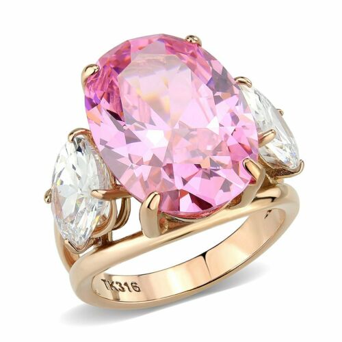 Jewellery Kingdom Ladies Pink Ring Oval Round Rose Gold Three Stone Cz Cocktail Big Steel - Jewelry Rings - British D'sire