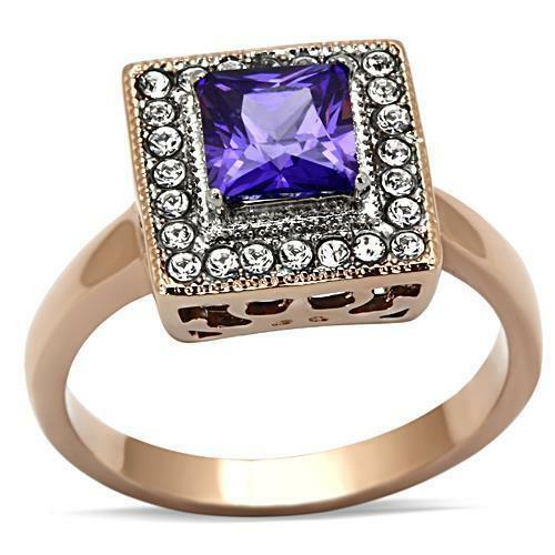 Jewellery Kingdom Ladies Princess Cut Cubic Zirconia Square Tanzanite Ring (Rose Gold) - Jewelry Rings - British D'sire