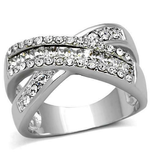 Jewellery Kingdom Ladies Princess Cut Pave Band Cubic Zirconia Rhodium Crossover Ring - Jewelry Rings - British D'sire