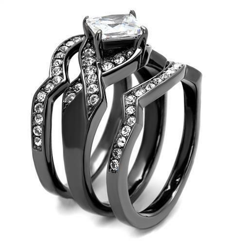 Jewellery Kingdom Ladies Princess Wedding Engagement Bands Set Gun Metal Steel Ring - Engagement Rings - British D'sire