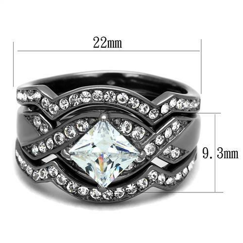 Jewellery Kingdom Ladies Princess Wedding Engagement Bands Set Gun Metal Steel Ring - Engagement Rings - British D'sire