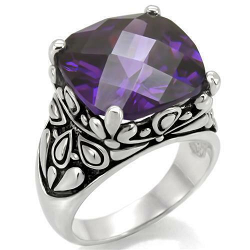 Jewellery Kingdom Ladies Purple Amethyst Cushion Cut Stainless Steel Cocktail Ring - Jewelry Rings - British D'sire