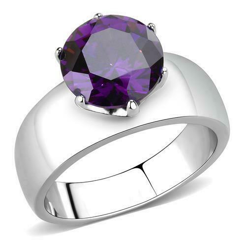 Jewellery Kingdom Ladies Purple Amethyst Cz Solitaire 2 Carat Stainless Steel Ring (Silver) - Jewelry Rings - British D'sire