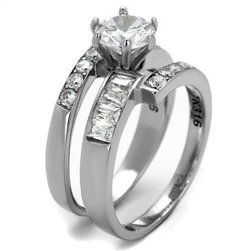 Jewellery Kingdom Ladies Ring Set Cz Wedding Engagement Band Stainless Steel Silver Emerald Cut - Jewelry Rings - British D'sire