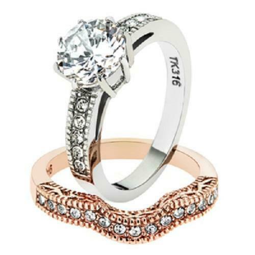 Jewellery Kingdom Ladies Ring Set Rose Gold Stainless Steel Wedding Engagement Band Cz 2pcs - Jewelry Rings - British D'sire