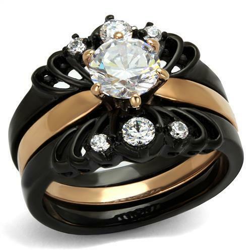 Jewellery Kingdom Ladies Rose Gold Ring Set Black Guard Engagement Solitaire Band 2 Carat Gold Ring - Jewelry Rings - British D'sire