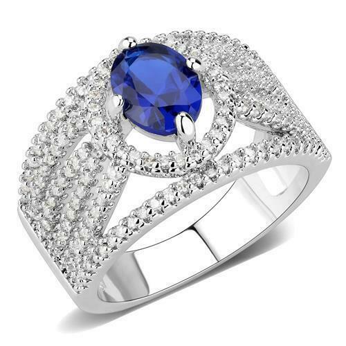 Jewellery Kingdom Ladies Sapphire Cz Oval 2 Carat Silver Rhodium Dress Pretty Ring (Blue) - Jewelry Rings - British D'sire