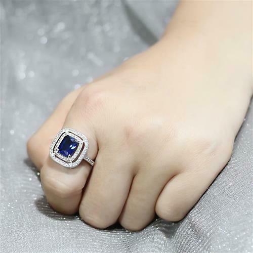 Jewellery Kingdom Ladies Sapphire Emerald Cut Accents Silver Rhodium CZ Sparkling Ring (Blue) - Jewelry Rings - British D'sire