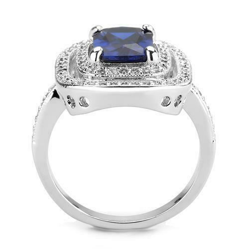 Jewellery Kingdom Ladies Sapphire Emerald Cut Accents Silver Rhodium CZ Sparkling Ring (Blue) - Jewelry Rings - British D'sire