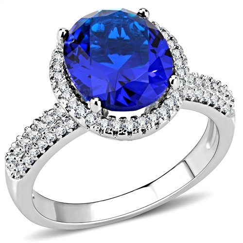 Jewellery Kingdom Ladies Sapphire Oval 6 Carat Solitaire Accent Cz Rhodium Ring (Blue Silver) - Jewelry Rings - British D'sire