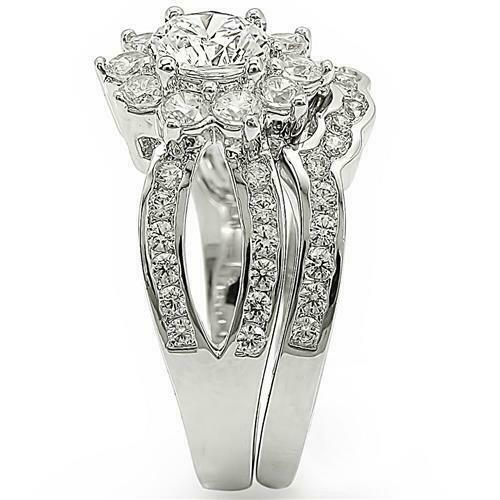 Jewellery Kingdom Ladies Set Engagement Wedding Band 2pcs Rhodium Flower Sparkling Ring (Silver) - Engagement Rings - British D'sire