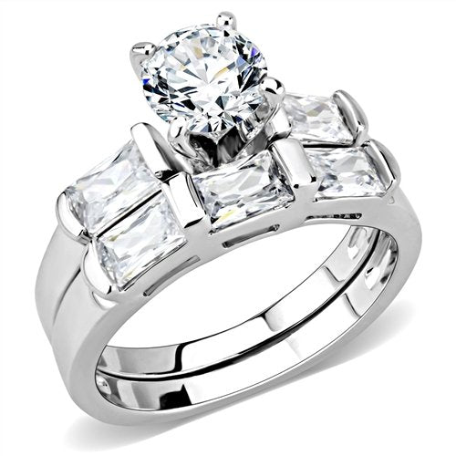 Jewellery Kingdom Ladies Set Wedding Band Engagement Emerald Cut Round 2 Carat Ring (Silver) - Jewelry Rings - British D'sire