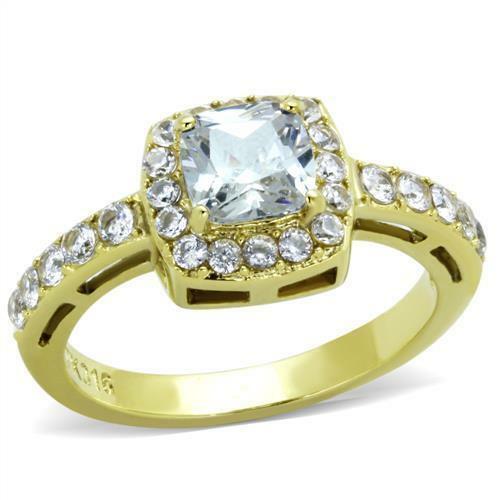 Jewellery Kingdom Ladies Simulated Diamonds Princess Clear Dress Pretty Steel Ring (Gold) - Jewelry Rings - British D'sire