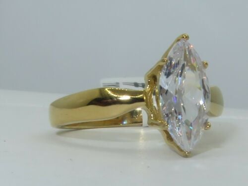 Jewellery Kingdom Ladies Solitaire Marquise Simulated Diamonds 2K Steel Ring Gold - Rings - British D'sire