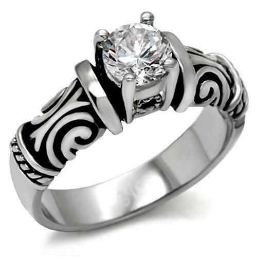 Jewellery Kingdom Ladies Solitaire Scroll Stamped Stainless Steel 1.50K Ring (Silver) - Rings - British D'sire