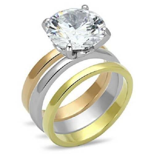 Jewellery Kingdom Ladies Solitaire Wedding Engagement Bands Set Stainless Steel Ring (Gold) - Rings - British D'sire