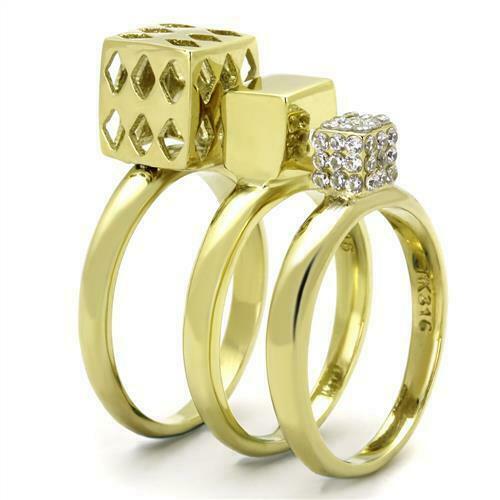 Jewellery Kingdom Ladies Stacking Bands Dice 3pcs Cz 18kt Steel New Cocktail Ring Set (Gold) - Jewelry Rings - British D'sire