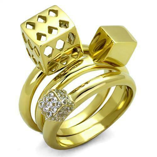 Jewellery Kingdom Ladies Stacking Bands Dice 3pcs Cz 18kt Steel New Cocktail Ring Set (Gold) - Jewelry Rings - British D'sire