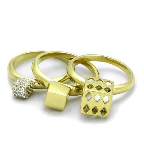 Jewellery Kingdom Ladies Stacking Bands Dice 3pcs Cz 18kt Steel New Cocktail Ring Set (Gold) - Jewelry Rings - British D'sire