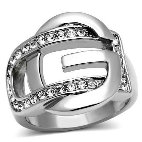 Jewellery Kingdom Ladies Stainless Steel Silver Buckle Ring Band With Simulated Diamonds - Jewelry Rings - British D'sire