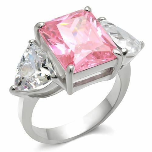 Jewellery Kingdom Ladies Three Pink Heart Stone Emerald Cut 8 Carat Sterling Silver Ring - Jewelry Rings - British D'sire