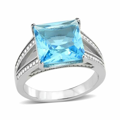 Jewellery Kingdom Ladies Topaz Princess Cut Silver Square Stainless Steel Embossed Ring (Blue) - Jewelry Rings - British D'sire