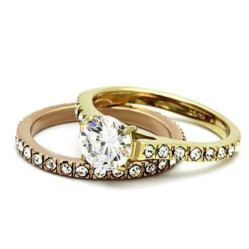 Jewellery Kingdom Ladies Wedding Engagement Band Set 2pcs Two Tone Ring (Gold) - Rings - British D'sire