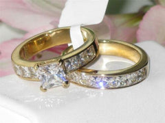 Jewellery Kingdom Ladies Wedding Engagement Band Set Princess Cut Ring (Gold) - Engagement Rings - British D'sire