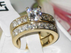 Jewellery Kingdom Ladies Wedding Engagement Band Set Princess Cut Ring (Gold) - Engagement Rings - British D'sire