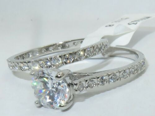 Jewellery Kingdom Ladies Wedding Engagement Band Set Sterling Silver 2pcs 2K Ring (Silver) - Rings - British D'sire