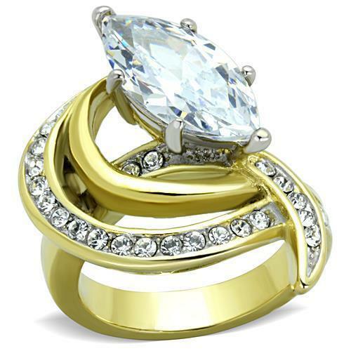 Jewellery Kingdom Marquise Cubic Zirconia 2 CT Swirl Steel Dress Cocktail Ladies Ring (Gold & Clear) - Jewelry Rings - British D'sire